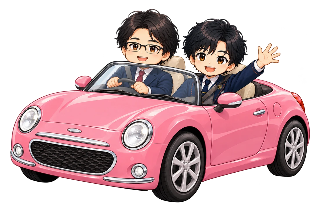 ピンクのオープンカーに乗る古田さんとゆうやのイラスト