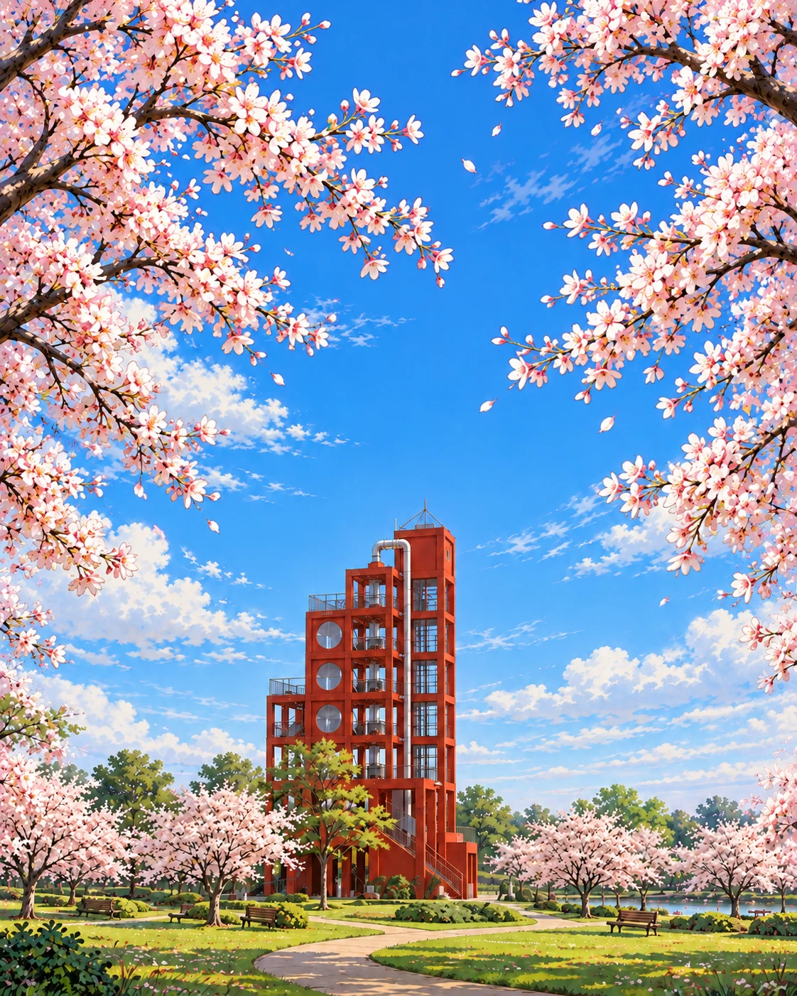 桜が咲く落合公園と水の塔