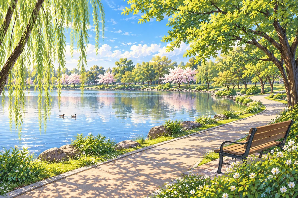 水辺と遊歩道、ベンチを描いたイメージイラスト