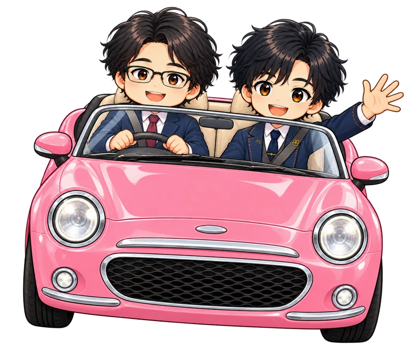 ピンクの車で並木道をこちらへ走ってくる古田さんとゆうや